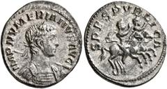 Roman Imperial Numerian, 283-284. Denarius (Silvered bronze, 19 mm, 2.87 g, 6 h), Lugdunum, spring-summer 283. IMP NVMERIANVS AVG Laureate and cuirassed bust of Numerian to right, holding spear over h