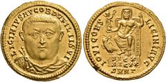 Roman Imperial Licinius I, 308-324. Aureus (Gold, 21 mm, 5.29 g, 12 h), Nicomedia, early 321. LICINIVS AVG OB D V FILII SVI Bare-headed, draped and cuirassed facing bust of Licinius I. Rev. IOVI CONS 
