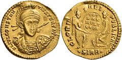 Roman Imperial Constantius II, 337-361. Solidus (Gold, 21 mm, 4.37 g, 1 h), Sirmium, September 351-6 November 355. FL IVL CONSTAN-TIVS PERP AVG Pearl-diademed, helmeted and cuirassed bust of Constanti