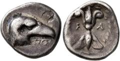 Greek ELIS. Olympia. 97th-100th Olympiad , 392-380 BC. Hemidrachm (Silver, 15 mm, 2.82 g, 2 h), signed by Polykaon. Head of an eagle to right; below, ΠO; above to right, countermark. Rev. F - A Thunde
