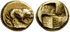 Greek MYSIA. Kyzikos. Circa 500-450 BC. Myshemihekte – 1/24 Stater (Electrum, 7 mm, 0.64 g). Lion to right, gnawing on leg of prey; below, tunny to right. Rev. Quadripartite incuse square. SNG Paris -