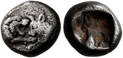 Greek KINGS OF LYDIA. Kroisos, circa 560-546 BC. 1/12 Stater (Silver, 8 mm, 0.82 g), Sardes. Confronted foreparts of lion and bull. Rev. Rough incuse square. Berk 26-7. SNG Kayhan 1020-1. Traité I 413