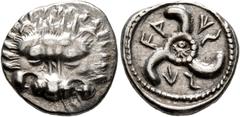 Greek DYNASTS OF LYCIA. Vekhssere II, circa 410-390/80 BC. 1/3 Stater (Silver, 16 mm, 2.97 g). Facing lion's scalp. Rev. 𐊇𐊀-𐊜𐊖-𐊖𐊁 ('Waxsse' in Lycian) Triskeles with central ring of dots; within