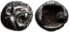 Greek ASIA MINOR. Uncertain. 5th century BC. Tetartemorion (Silver, 5 mm, 0.19 g). Head of a roaring lion to right. Rev. Rough incuse square. Klein -. Naumann 34 (2015), 142. Rosen -. SNG Kayhan -. SN