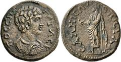 Roman Provincial LYDIA. Sala. Geta , as Caesar, 198-209. Assarion (Orichalcum, 22 mm, 8.24 g, 6 h), Ae. Sylla, magistrate. ΠO CЄΠT ΓЄTAC K Bareheaded, draped and cuirassed bust of Geta to right, seen 