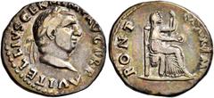 Roman Imperial Vitellius, 69. Denarius (Silver, 19 mm, 3.16 g, 6 h), Rome. A VITELLIVS GERM IMP AVG TR P Laureate head of Vitellius to right. Rev. PONT MAXIM Vesta seated to right on throne, holding p