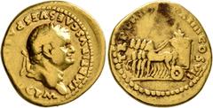 Roman Imperial Titus, 79-81. Aureus (Gold, 19 mm, 7.31 g, 5 h), Rome, 79. IMP TITVS CAES VESPASI[AN AVG P M] Laureate head of Titus to right. Rev. TR P VIIII IMP XIIII COS VOO Quadriga left, containin
