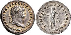 Roman Imperial Titus, 79-81. Denarius (Silver, 20 mm, 3.02 g, 6 h), Rome, 79-80. IMP TITVS CAES VESPASIAN AVG P M• Laureate head of Titus to right. Rev. BONVS EVENTVS AVGVSTI Bonus Eventus standing fr
