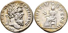 Roman Imperial Pertinax, 193. Denarius (Silver, 17 mm, 3.56 g, 6 h), Rome. IMP CAES P HELV PERTIN AVG Laureate head of Pertinax to right. Rev. OPI DIVIN TR P COS II Ops seated left, holding two grain 