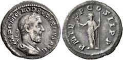 Roman Imperial Pupienus, 238. Denarius (Silver, 19 mm, 1.98 g, 1 h), Rome, circa April-June 238. IMP C M CLOD PVPIENVS AVG Laureate, draped and cuirassed bust of Pupienus to right, seen from behind. R
