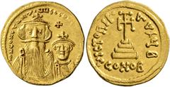 Byzantine Constans II, with Constantine IV, 641-668. Solidus (Gold, 21 mm, 4.51 g, 7 h), Constantinopolis, 654-659. δ N CONSTANTINЧS C CONSTANTINЧ Crowned and draped bust of Constans facing, with long
