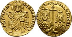 Byzantine Basil I the Macedonian, with Constantine, 867-886. Solidus (Gold, 20 mm, 4.37 g, 6 h), Constantinopolis, circa 871-886. +IhS XPS RЄX RЄGNANTIЧM✱ Christ, nimbate, seated facing on throne, rai
