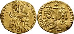 Byzantine Basil I the Macedonian, with Constantine, 867-886. Solidus (Gold, 19 mm, 4.40 g, 7 h), Constantinopolis, circa 871-886. +IhS XPS RЄX RЄGNANTIЧM✱ Christ, nimbate, seated facing on throne, rai