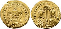 Byzantine Basil II Bulgaroktonos, with Constantine VIII, 976-1025. Histamenon (Gold, 24 mm, 4.39 g, 6 h), Constantinopolis. +IҺS XIS RЄX RЄGNANTIҺm Bust of Christ Pantokrator facing, with cross nimbus