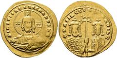 Byzantine Basil II Bulgaroktonos, with Constantine VIII, 976-1025. Histamenon (Gold, 24 mm, 4.32 g, 7 h), Constantinopolis. +IҺS XIS RЄX RЄGNANTIҺm Bust of Christ Pantokrator facing, with cross nimbus