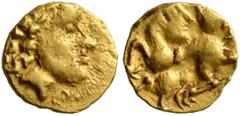 Greek CELTIC, Central Europe. Vindelici. Early 2nd century BC. 1/24 Stater (Gold, 6 mm, 0.32 g, 2 h), 'Androkephales Pferd II' type. Male head to right, wearing diadem (?) and long wavy hair. Rev. Man