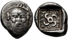 Greek DYNASTS OF LYCIA. Teththiweibi, circa 450-430/20 BC. Tetrobol (Silver, 13 mm, 2.51 g). Facing head of a Silen. Rev. 𐊗𐊁𐊉-𐊉𐊆𐊇-𐊁𐊆-𐊂𐊆 ('Teththiweibi' in Lycian) Tetraskeles to left; all wi