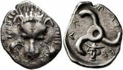 Greek DYNASTS OF LYCIA. Perikles, circa 380-360 BC. 1/3 Stater (Silver, 18 mm, 3.07 g, 1 h). Facing lion's scalp. Rev. 𐊓𐊁𐊕-𐊆𐊋𐊍-𐊁 ('Perikle' in Lycian) Triskeles; below, facing head of Hermes we