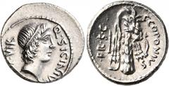 Roman Republican & Imperatorial Q. Sicinius and C. Coponius, 49 BC. Denarius (Silver, 18 mm, 3.69 g, 3 h), military mint moving with Pompey in the East. Q•SICINIVS - III•VIR Diademed head of Apollo to