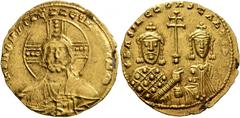 Byzantine Basil II Bulgaroktonos, with Constantine VIII, 976-1025. Histamenon (Gold, 21 mm, 4.38 g, 6 h), Constantinopolis. +IҺS XIS RЄX RЄGNANTIҺm Bust of Christ Pantokrator facing, with cross nimbus