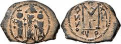 Early Medieval & Islamic ISLAMIC, Time of the Rashidun. Pseudo-Byzantine types. Fals (Bronze, 31 mm, 4.94 g, 12 h), imitating a 'Cyprus follis', uncertain mint, 15/16 - 23/4 AH / 637-643 AD. Three imp
