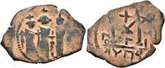 Early Medieval & Islamic ISLAMIC, Time of the Rashidun. Pseudo-Byzantine types. Fals (Bronze, 30 mm, 4.69 g, 7 h), imitating a 'Cyprus follis', uncertain mint, 15/16 - 23/4 AH / 637-643 AD. Three impe