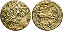 Greek CELTIC, Northwest Gaul. Aulerci Eburovices. Late 2nd to first half of 1st century BC. Half Stater (Gold, 15 mm, 3.69 g, 12 h), 'au loup' type. Celticized laureate head of Apollo to right, the ha