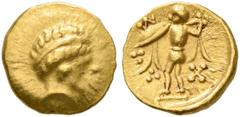 Greek CELTIC, Central Europe. Boii. 2nd century BC. 1/24 Stater (Gold, 7 mm, 0.35 g, 12 h), early Athena-Alkis-series. Laureate head of Apollo (?) to right. Rev. Athena Alkis standing left, brandishin