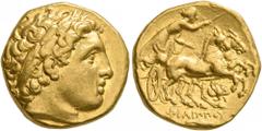 Greek KINGS OF MACEDON. Philip II, 359-336 BC. Stater (Gold, 17 mm, 8.56 g, 1 h), Teos, circa 323/2-315. Laureate head of Apollo to right. Rev. ΦΙΛΙΠΠOY Charioteer driving biga to right, holding reins