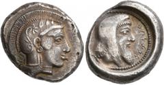Greek DYNASTS OF LYCIA. Kherei, circa 440/30-410 BC. Stater (Silver, 20 mm, 8.61 g, 6 h), Pinara. Head of Athena to right, wearing crested Attic helmet decorated with three olive leaves and palmette; 