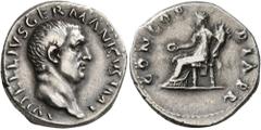 Roman Imperial Vitellius, 69. Denarius (Silver, 19 mm, 3.52 g, 7 h), Rome, late April-20 December 69. A VITELLIVS GERMANICVS IMP Bare head of Vitellius to right. Rev. CONCORDIA•P•R Concordia seated le