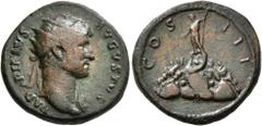 Roman Imperial Hadrian, 117-138. Semis (Orichalcum, 19 mm, 4.81 g, 7 h), Rome mint, for Caesarea, 124 or 130/1. HADRIANVS AVGVSTVS Radiate head of Hadrian to right, with aegis on his left shoulder. Re