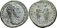 Roman Imperial Marcus Aurelius, 161-180. Sestertius (Orichalcum, 32 mm, 26.47 g, 11 h), Rome, 161-162. IMP CAES M AVREL ANTONINVS AVG P M Laureate head of Marcus Aurelius to right. Rev. CONCORD AVGVST