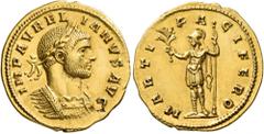 Roman Imperial Aurelian, 270-275. Aureus (Gold, 21 mm, 4.19 g, 11 h), Siscia, summer 272-273. IMP AVRELIANVS AVG Laureate and cuirassed bust of Aurelian to right. Rev. MARTI PACIFERO Mars standing fro