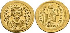 Byzantine Phocas, 602-610. Solidus (Gold, 21 mm, 4.52 g, 7 h), Constantinopolis, 602-603. O N FOCAS PЄRP AVG Crowned bust of Phocas facing, wearing consular robes and holding mappa in his right hand a