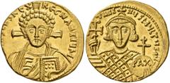 Byzantine Justinian II, second reign, 705-711. Solidus (Gold, 20 mm, 4.45 g, 6 h), Constantinopolis, 705. δ N IҺS CҺS RЄX RЄGNANTIЧM Draped bust of Christ facing, with cross behind his head, raising h