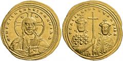 Byzantine Basil II Bulgaroktonos, with Constantine VIII, 976-1025. Histamenon (Gold, 24 mm, 4.42 g, 7 h), Constantinopolis, circa 1005-1025. +IҺS XIS RЄX RЄGNANTIҺm Bust of Christ facing, with cross-n