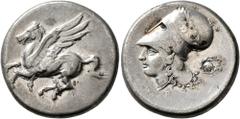 Greek CORINTHIA. Corinth. Circa 375-300 BC. Stater (Silver, 21 mm, 8.44 g, 2 h). Ϙ Pegasus flying left. Rev. A-P Head of Athena to left, wearing laureate Corinthian helmet; behind, aegis. BCD Corinth 