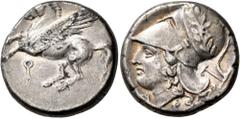 Greek CORINTHIA. Corinth. Circa 375-300 BC. Stater (Silver, 20 mm, 8.41 g, 9 h). Ϙ Pegasus flying left. Rev. Head of Athena to left, wearing laureate Corinthian helmet; behind, plow; below chin and ne