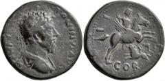 Roman Provincial CORINTHIA. Corinth. Marcus Aurelius, 161-180. Triassarion (Bronze, 27 mm, 13.00 g, 7 h). IMP M AVR ANTONINVS AVG Laureate, draped and cuirassed bust of Marcus Aurelius to right, seen 