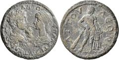 Roman Provincial CARIA. Attuda. Caracalla, with Plautilla, 198-217. Tetrassarion (Orichalcum, 28 mm, 13.20 g, 1 h), 202-205. AYT•KAI ANTΩ[.] ΠΛAYΤIΛ[...] Laureate, draped, and cuirassed bust of Caraca