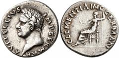 Roman Imperial Vitellius, 69. Denarius (Silver, 18 mm, 3.42 g, 6 h), uncertain western mint (Tarraco?). A VITELLIVS IMP GERMAN Laureate head of Vitellius to left, globe at point of bust. Rev. CLEMENTI