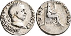 Roman Imperial Vitellius, 69. Denarius (Silver, 17 mm, 3.50 g, 6 h), Rome. A VITELLIVS GERM IMP AVG TR P Laureate head of Vitellius to right. Rev. PONT MAXIM Vesta seated to right on throne, holding p