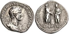 Roman Imperial Hadrian, 117-138. Denarius (Silver, 18 mm, 3.37 g, 7 h), Rome, 117. [IMP C]AES TRAIAN HADRIAN OPT AVG GER DAC Laureate, draped and cuirassed bust of Hadrian to right. Rev. PARTHIC DIVI 