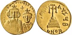 Byzantine Constans II, with Constantine IV, 641-668. Solidus (Gold, 20 mm, 4.45 g, 7 h), Constantinopolis, circa 654-659. δ N CONSTANTINЧS C CON[STAN] Crowned and draped bust of Constans II facing, wi