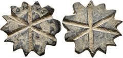 Byzantine Byzantine Weights, Circa 5-6th century. Weight of 1 Nomisma (Bronze, 21 mm, 4.40 g), a star-shaped coin weight for a solidus made from a follis of Honorius (393-423). [D N HON]ORIVS [P] F A[