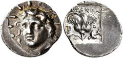 Greek ISLANDS OFF CARIA, Rhodos. Rhodes. Circa 125-88 BC. Hemidrachm (Silver, 13 mm, 1.41 g, 11 h), ‘Plinthophoric’ coinage, Melantas, magistrate. Radiate head of Helios facing slightly to left. Rev. 