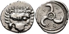 Greek DYNASTS OF LYCIA. Vekhssere II, circa 410-390/80 BC. 1/3 Stater (Silver, 15 mm, 2.82 g). Facing lion's scalp. Rev. 𐊇𐊀-𐊜𐊖-𐊖𐊁 ('Waxsse' in Lycian) Triskeles with central ring of dots; within