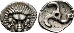 Greek DYNASTS OF LYCIA. Perikles, circa 380-360 BC. 1/3 Stater (Silver, 16 mm, 2.76 g). Facing lion's scalp. Rev. 𐊓𐊁-𐊕𐊆-𐊋𐊍𐊁 ('Perikle' in Lycian) Triskeles. BMC 155-7. Müseler VIII, 47-51. SNG 