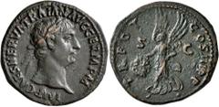 Roman Imperial Trajan, 98-117. As (Copper, 28 mm, 12.05 g, 7 h), Rome, 100. IMP CAES NERVA TRAIAN AVG GERM P M Laureate head of Trajan to right. Rev. TR POT COS III P P / S - C Victory advancing left,